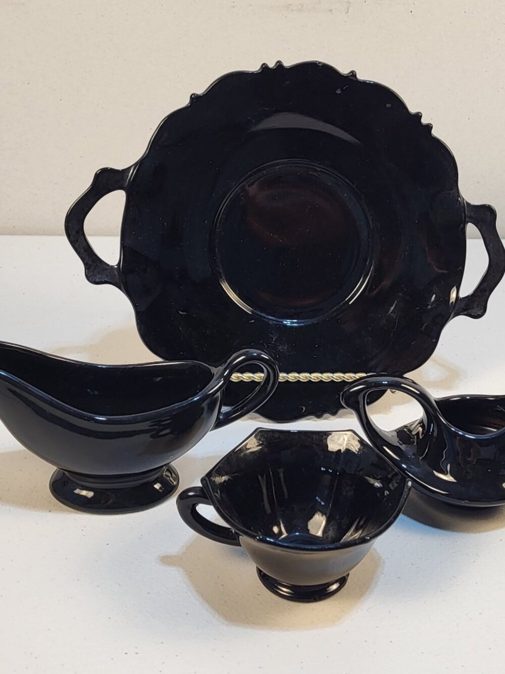 Vtg Art Deco Black Ceramic Glass 4p Set Plate Cup Creamer Dish MCM Smith 30s USA